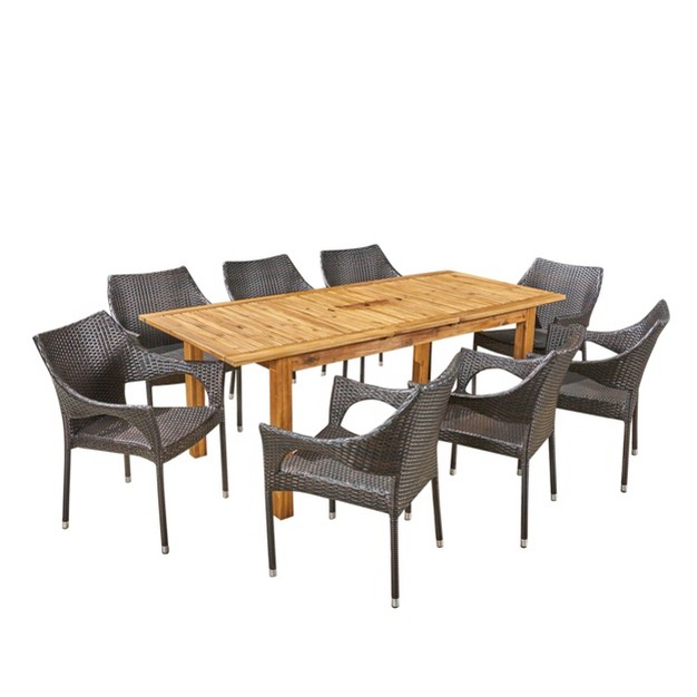 Damon 9pc Wood amp Wicker Expandable Dining Set Natural brown Christopher Knight Home