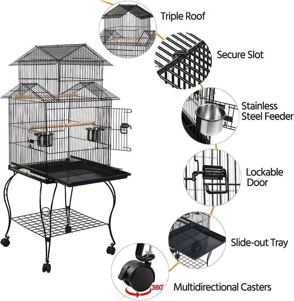 Yaheetech 55-in Triple Roof Rolling Bird Cage， Black