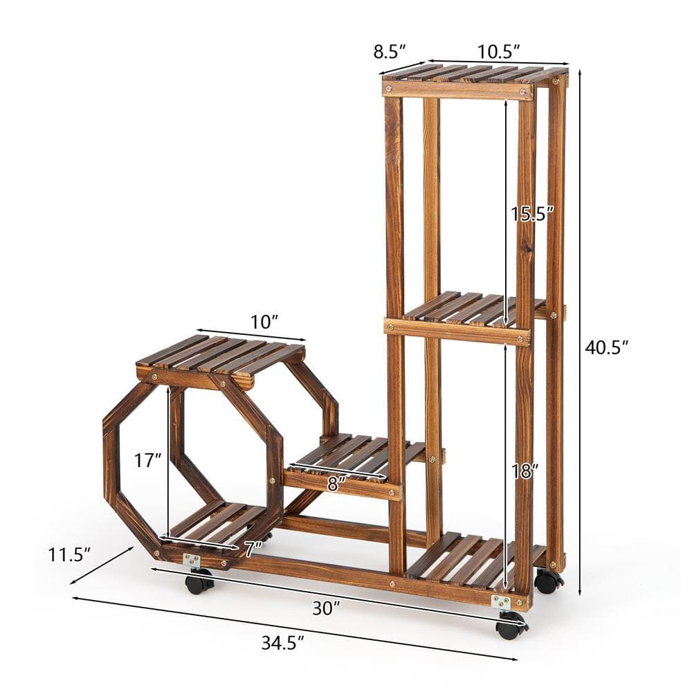 HONEY JOY 6 Potted Plant Stand Rack 100% Pine Wood Flower Pot Holder Shelf Multi-Layer Flower Stand Wheels (6-Tier) TOPB006548