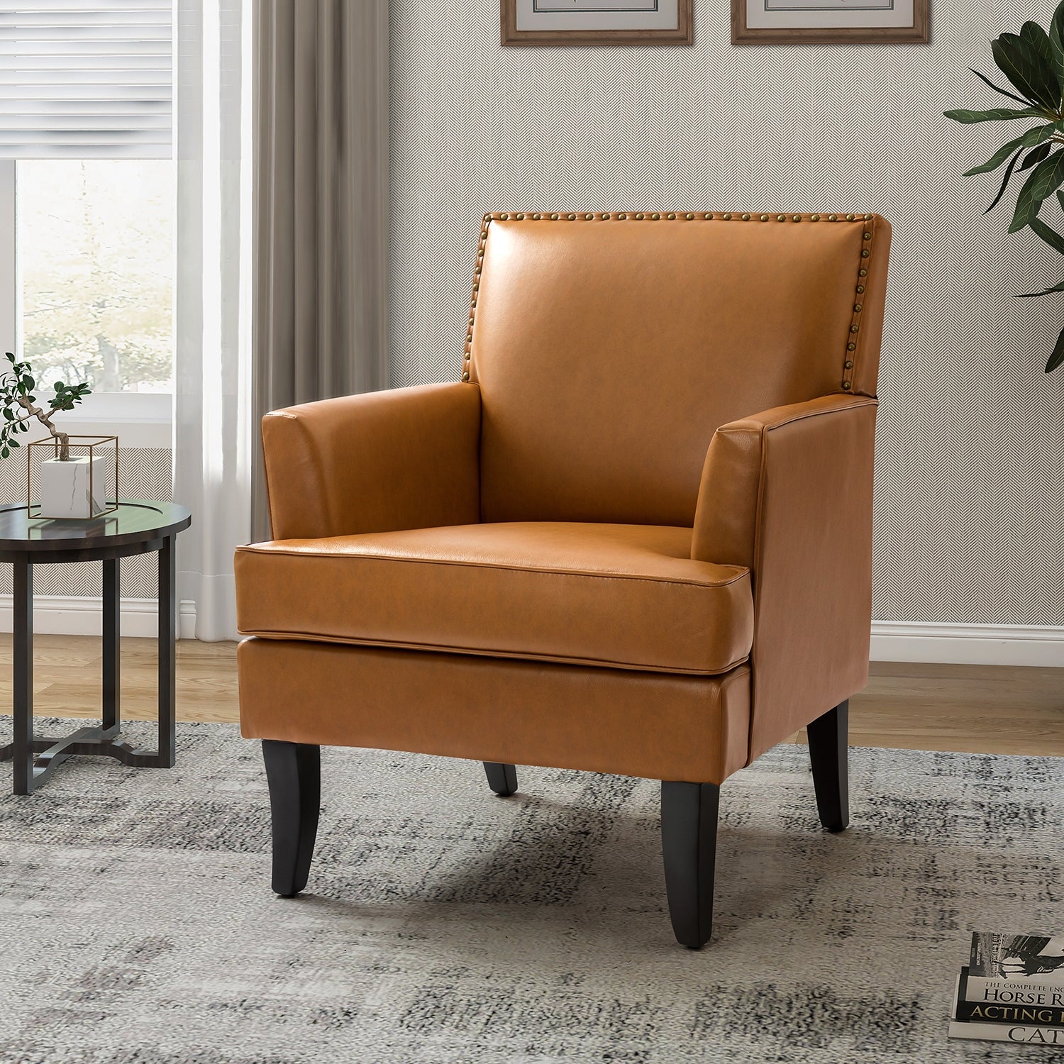 Armchair with Solid Wooden Legs and Nailhead Trim for Bedroom， Living Room， or Dining Room