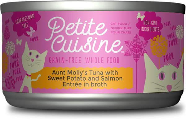 Petite Cuisine Aunt Molly's Tuna with Sweet Potato and Salmon Entree in Broth Grain-Free Wet Cat Food， 2.8-oz， case of 24