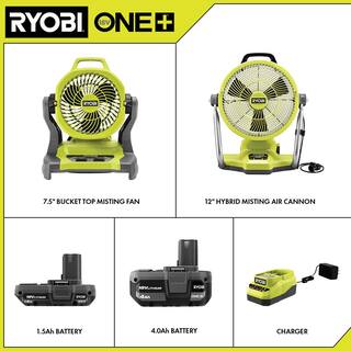 RYOBI ONE+ 18V Cordless Hybrid WHISPER SERIES Misting Air Cannon Fan and Bucket Top Misting Fan Kit w Batteries  Chargers PCL851K-PCL850K1