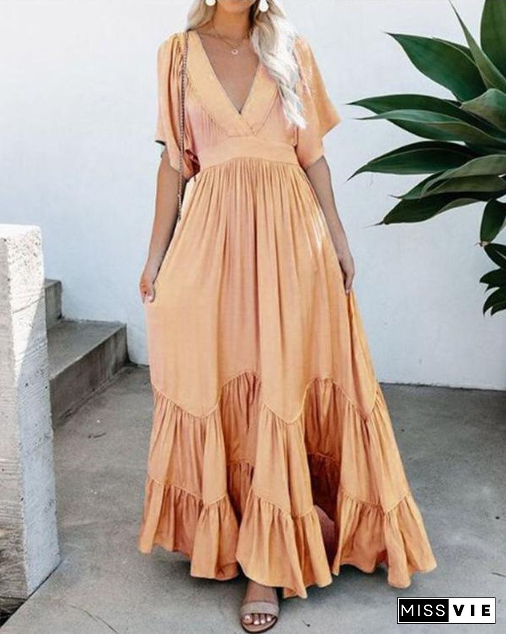 Women Vacation Casual Short Sleeve Maxi Dress