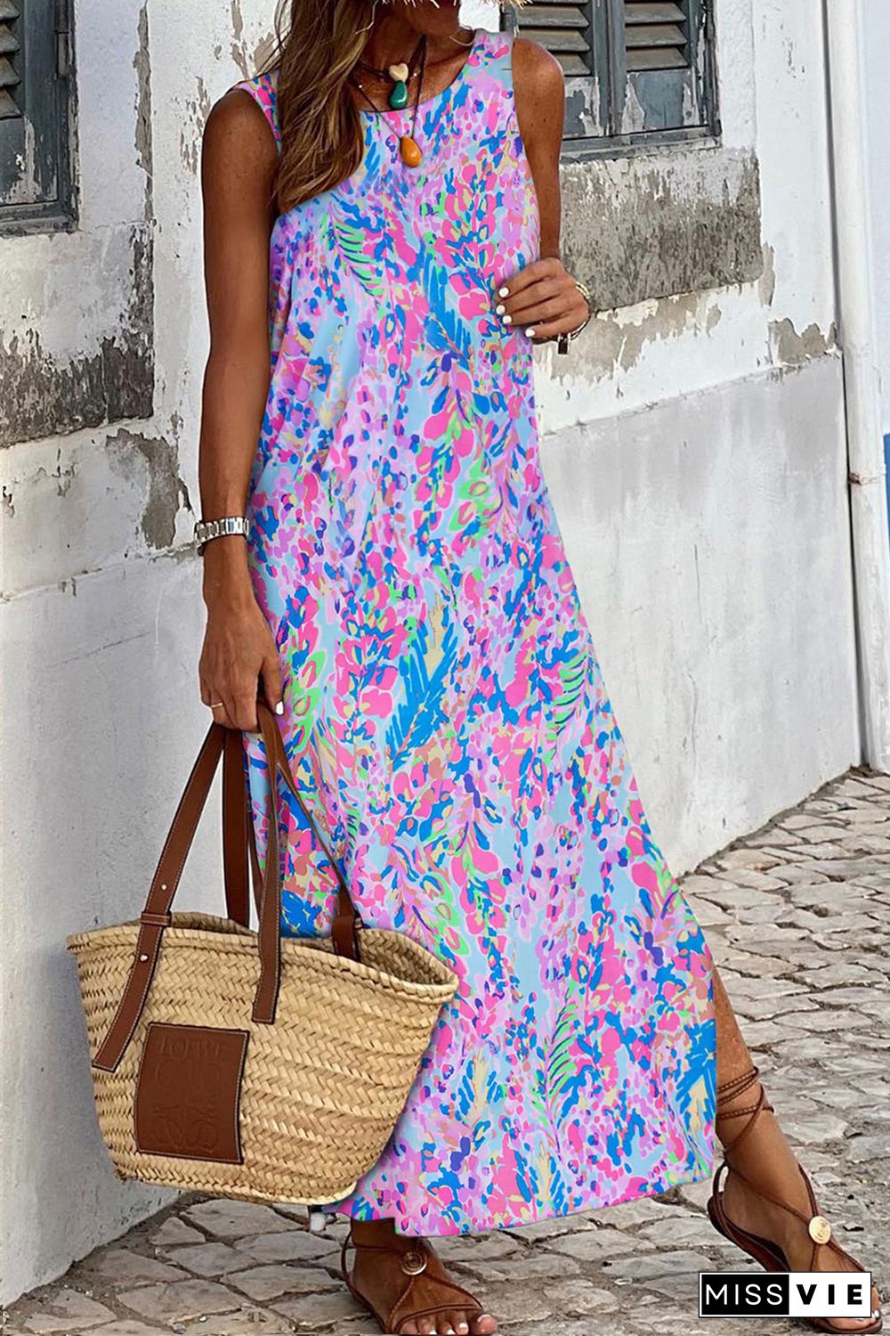 Purple Abstract Floral Print Sleeveless Maxi Dress