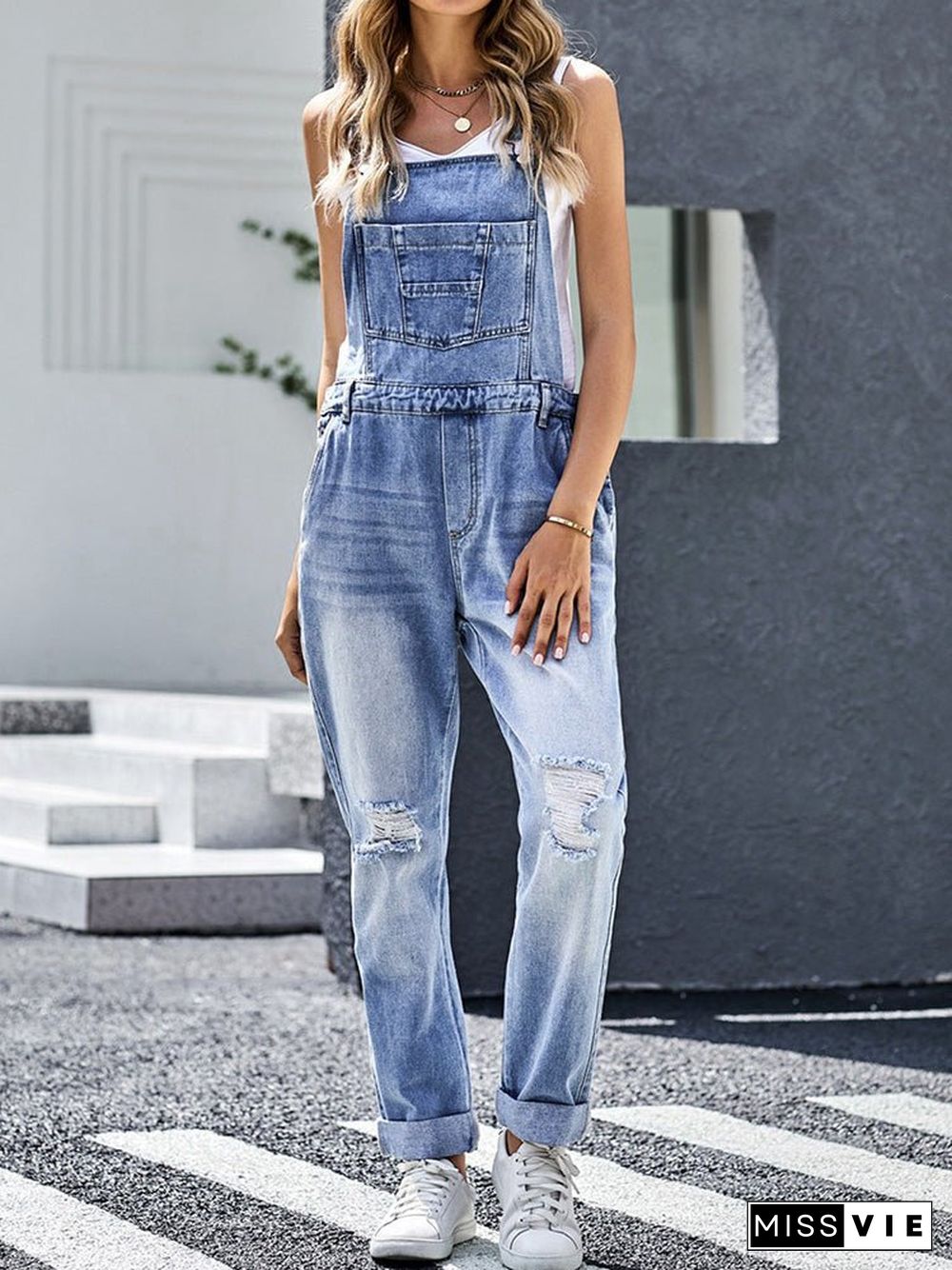 Women'S Jumpsuits Loose Pocket Ripped Denim Jumpsuit