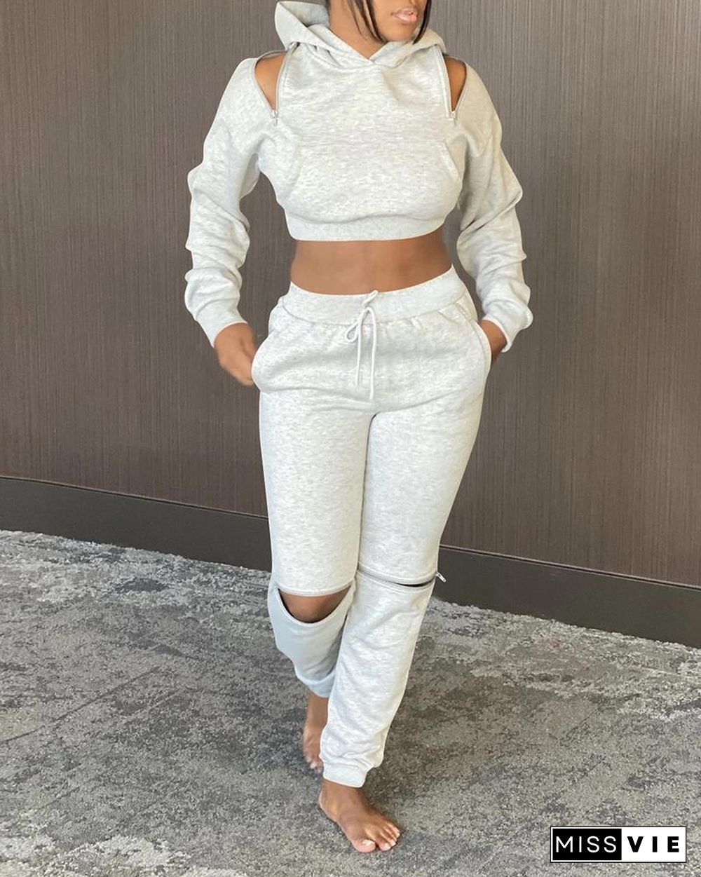 Cutout Crop Hooded Top & Drawstring Pants Set P11176