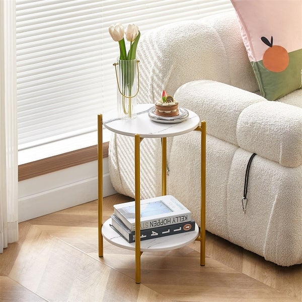 2-Tiers End Table with Marble Tabletop and Metal Frame