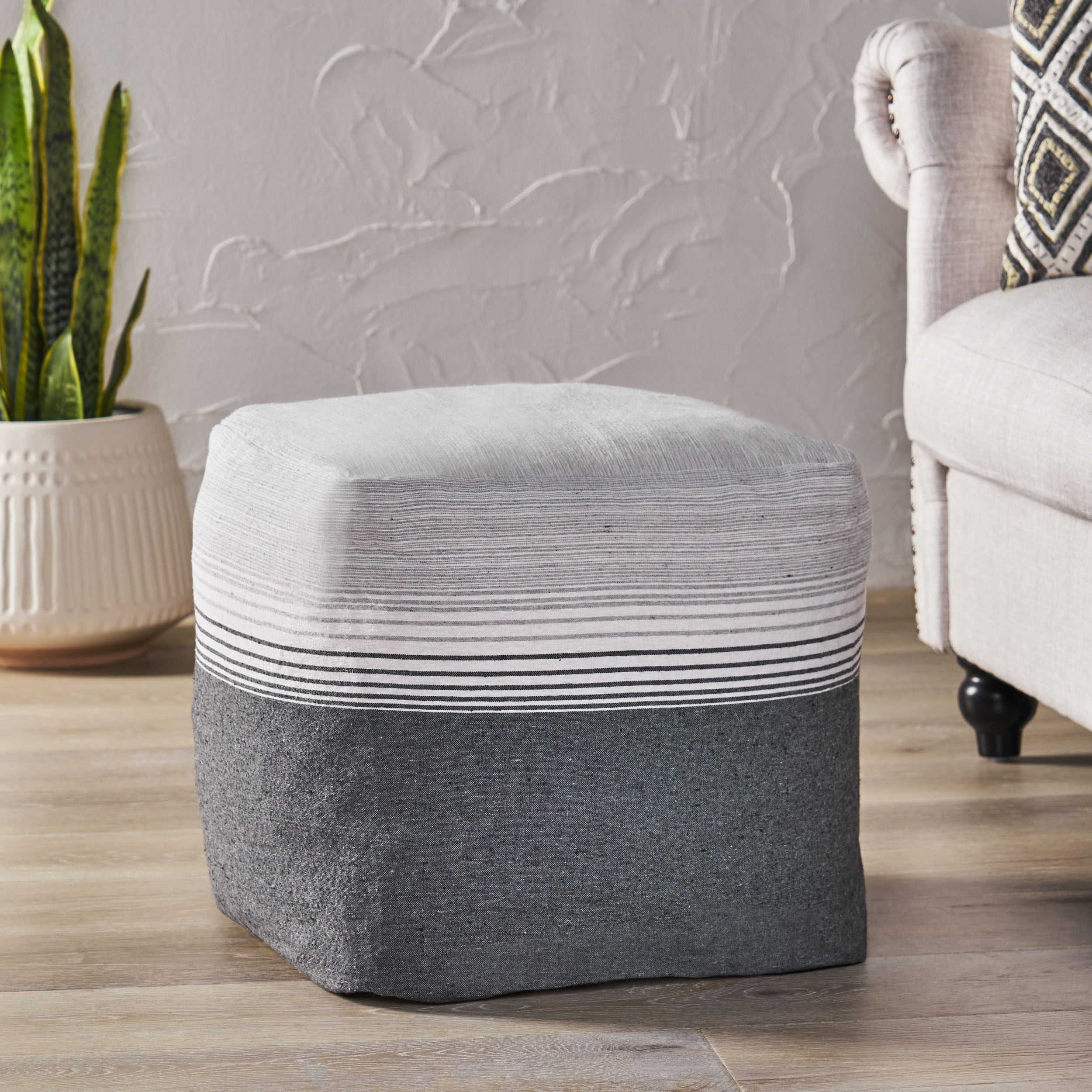 Oceola Boho Handcrafted Fabric Cube Pouf, Ivory and Gray