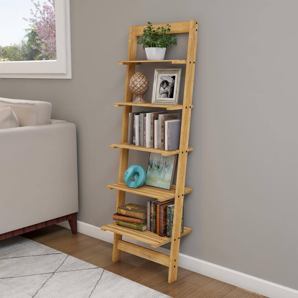 Lavish Home 51.32 in. Natural Wood 5-shelf Ladder Bookcase with Unfinished Wood W050036