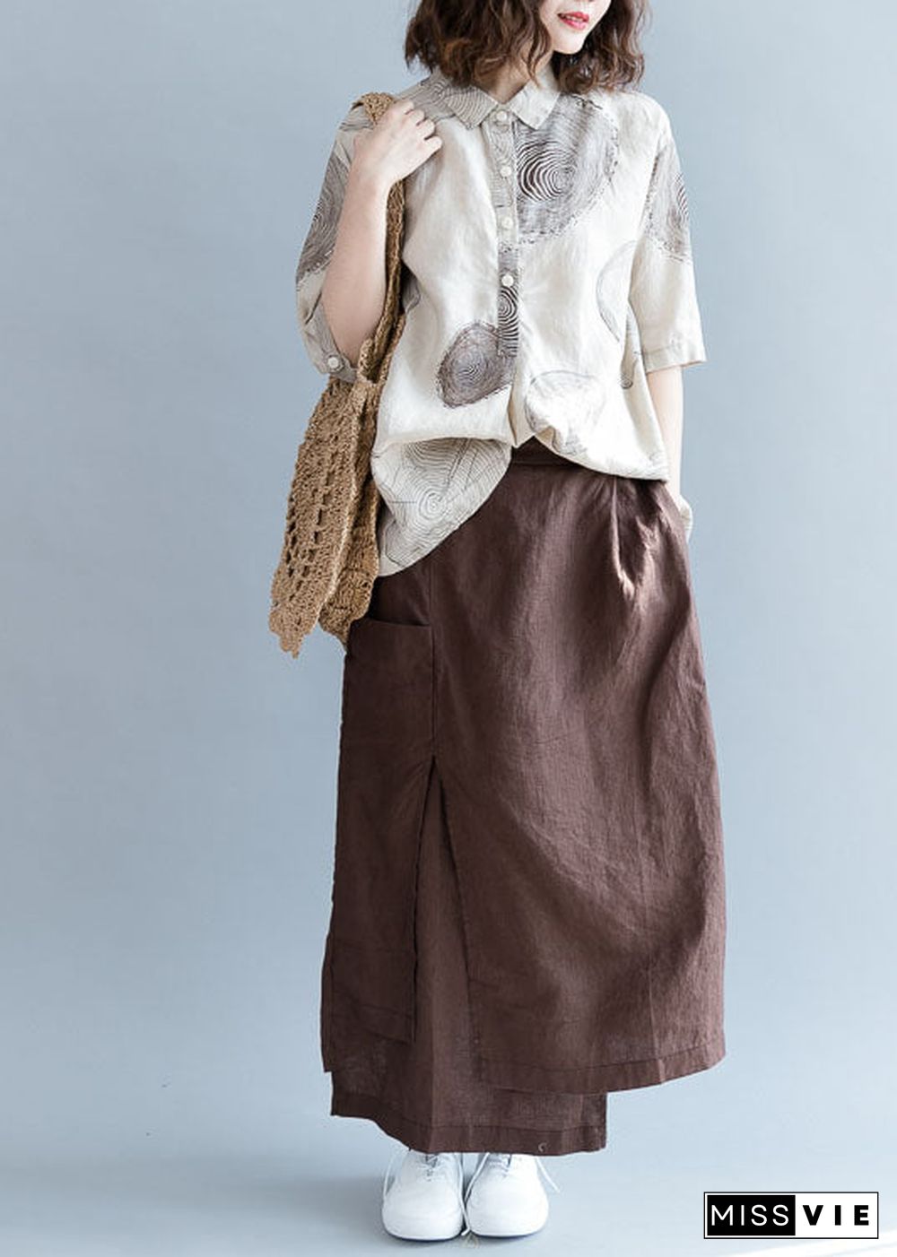 Plus Size Chocolate Asymmetrical Pockets Linen Skirts Spring