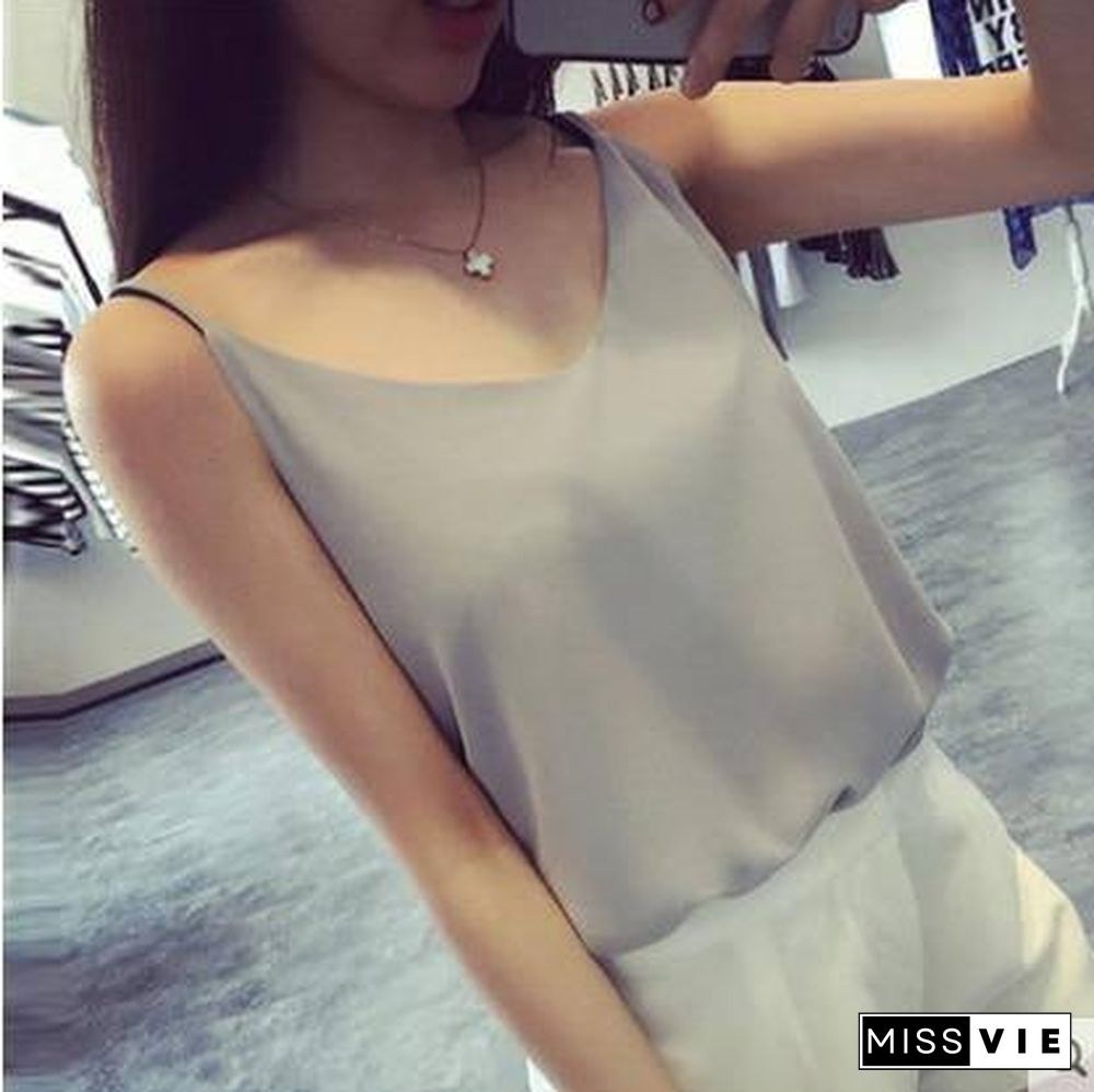 Korean Fashion Chiffon Women Tops Woman V Neck Blouse Top Summer Women Sleeveless Top Plus Size Blusas Mujer De Moda Blouse