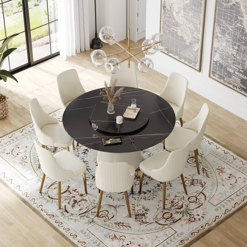 59'' Modern Round Dining Table for 8  Black Sintered Stone Tabletop with Lazy Susan