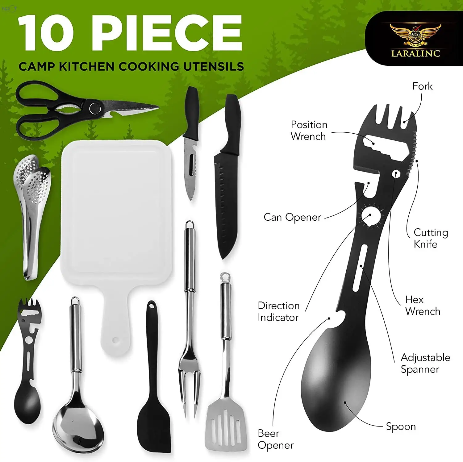 NPOT 10pc Camp Kitchen Cooking Utensils Set Portable BBQ Outdoor Stainless Steel Camping Cookware Travel Grill Set and Organiser