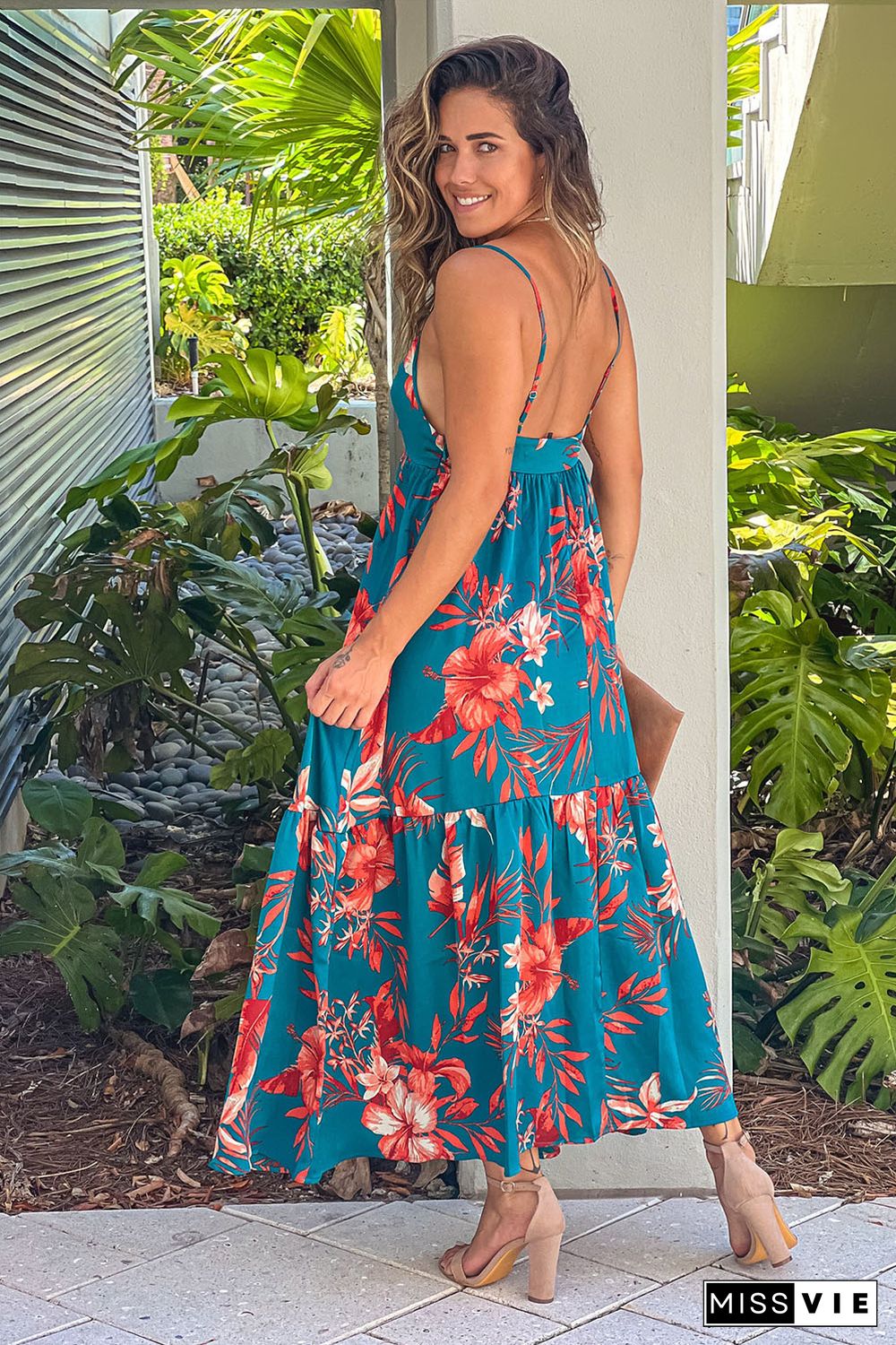 Sky Blue Strappy Open Back Floral Maxi Dress