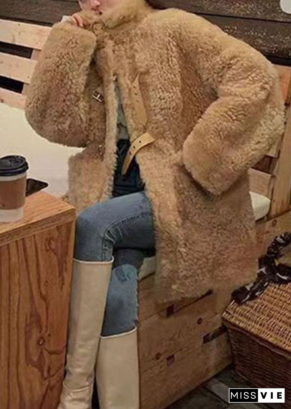 Elegant Camel Buckle Strap Patchwork Faux Fur Jacket Winter