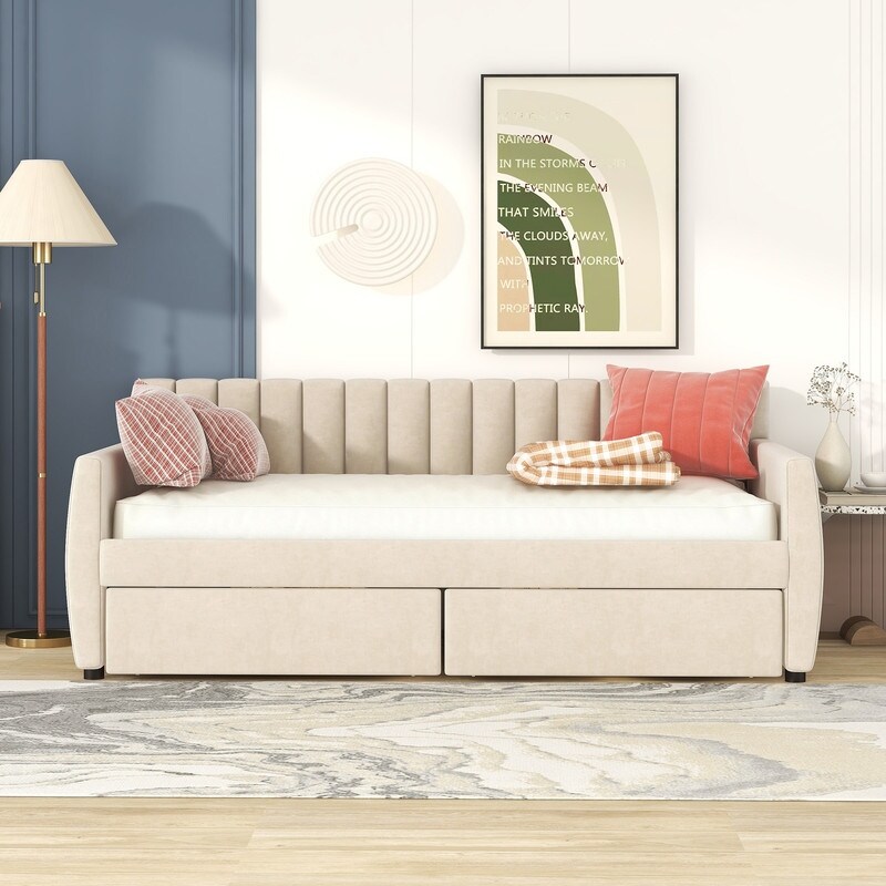 Velvet Upholstered Daybed with 2 Storage Drawers/ Trundle