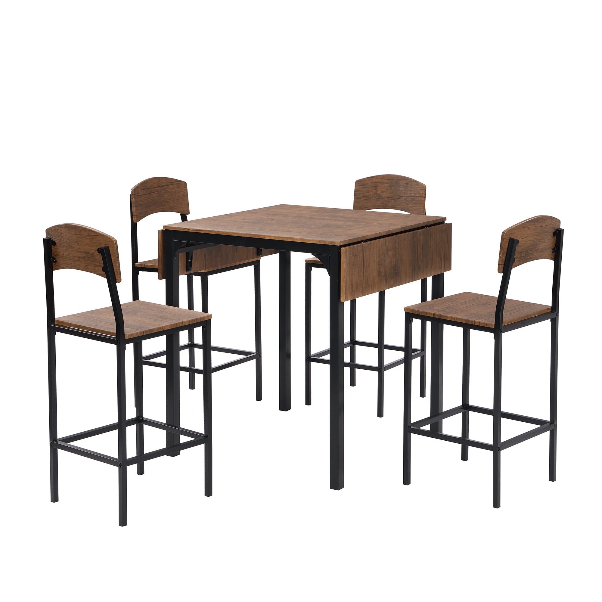 paproos 5-Piece Counter Height Dining Table and Chairs Set, Brown Finish Drop Leaf Dinner Table and 4 Chairs Set for Kitchen Dining Room Breakfast Nook, Farmhouse Dining Table Set with Black Frame