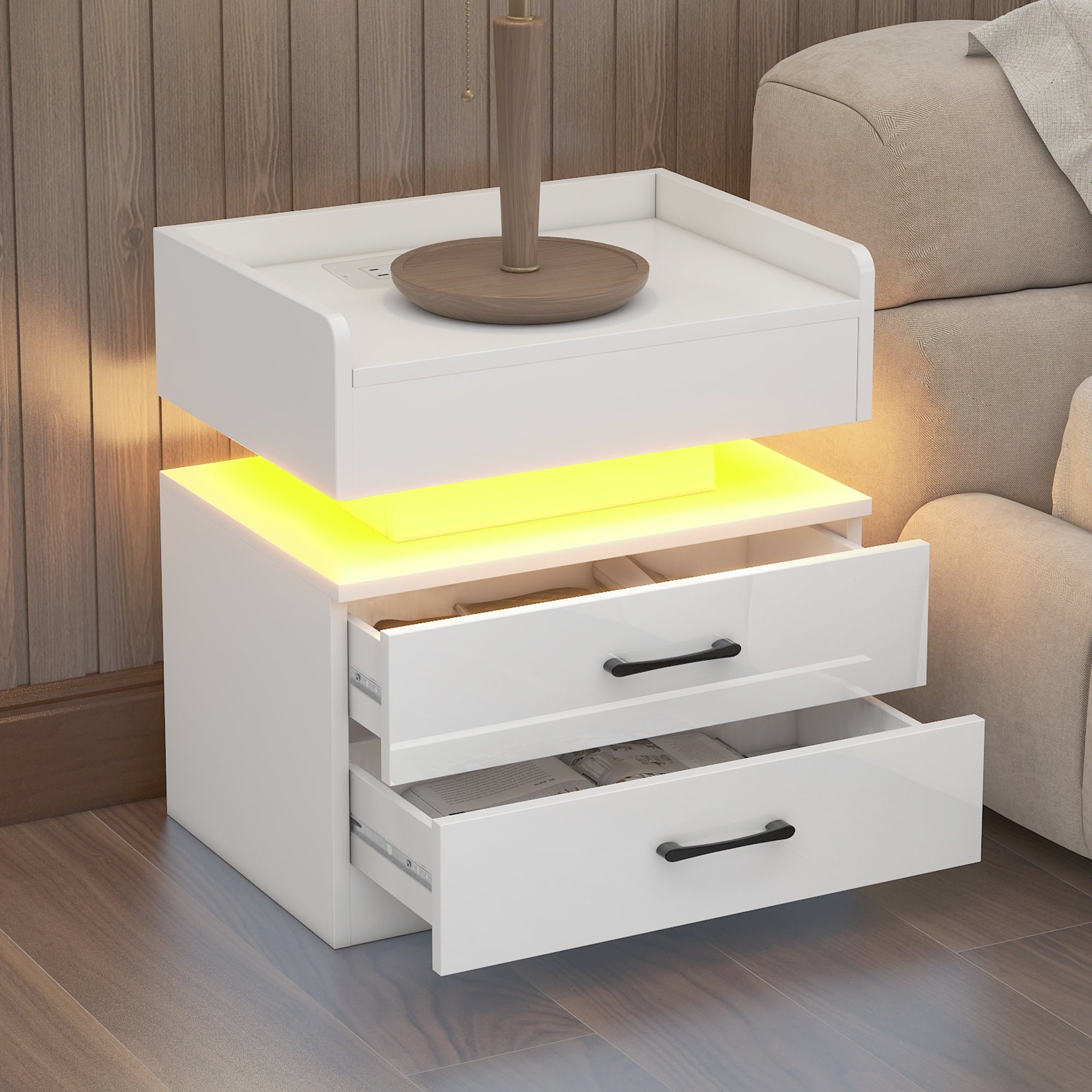 Walmeck Nightstand with 2 Drawers,USB Charging Ports, Wireless Charging and Remote Control -White