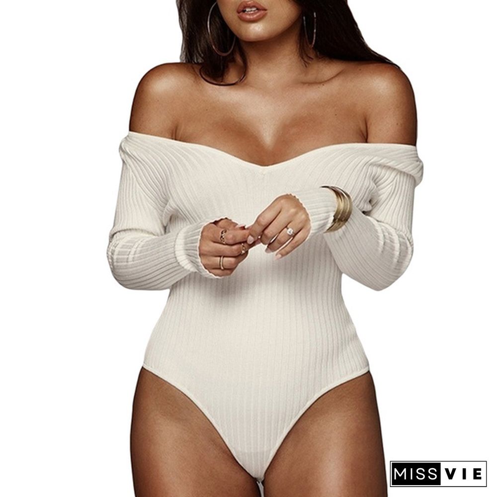 Women Summer Long Sleeve Bodysuit Choker Romper Deep V Neck Bodycon Playsuit One Piece Fitness Jumpsuit