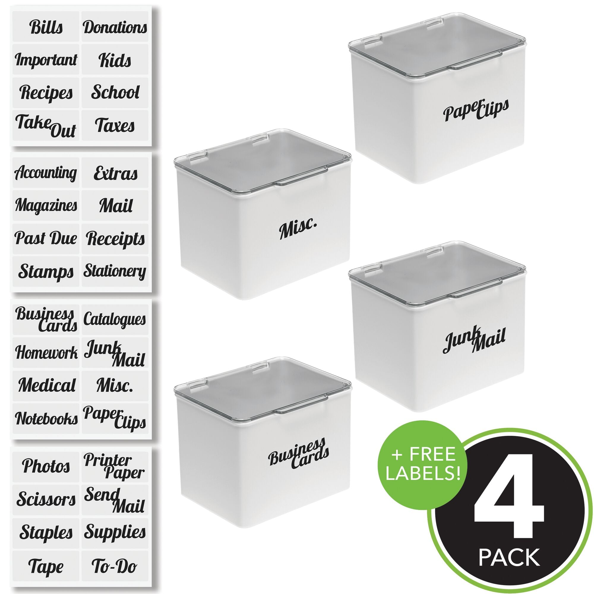 mDesign Plastic Stackable Home, Office Supplies Storage Organizer Box with Hinged Lid - for Note Pads, Gel Pens, Staples, Dry Erase Markers, Tape - Tall, Pack of 4, 32 Labels - Light Gray/Clear