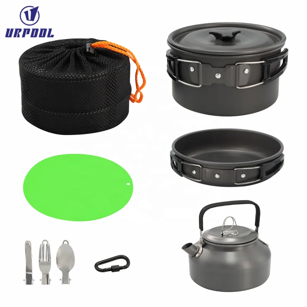 Portable Camping pots Set Lightweight Picnic Cooking Set Include Big Small Pot Frying Pan Bowls Soup Spoon Rice Ladle Loofah