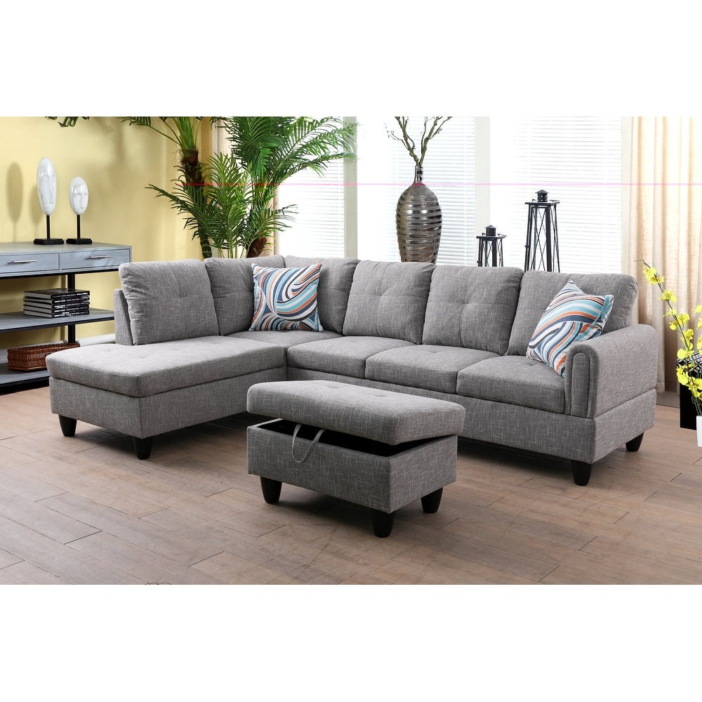 Jacksmith 3 Pieces Sectional Sofa Set Grey Linen(09714)