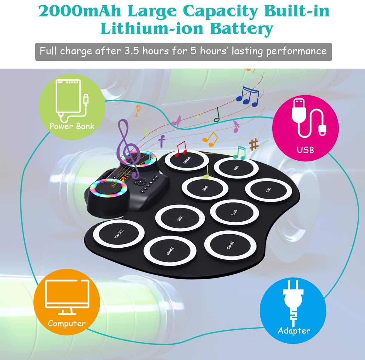 Costzon 9 Pads Electronic Drum Set with LED Light, Portable Roll up MIDI Drum Practice Pad w/Bluetooth (Black)