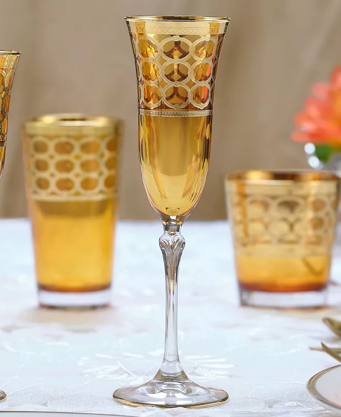 Lorren Home Trends Amber Color Champagne Flutes with Gold-Tone Rings Set of 4