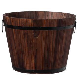 Gardenised Rustic Wooden Whiskey Barrel Planter with Durable Medal Handles and Drainage Hole - Medium QI003236.M