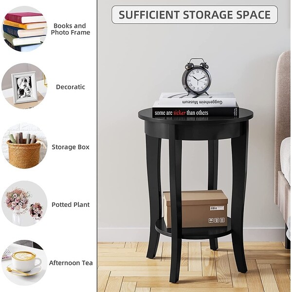 End Table Living Room Small Side Table with 2-Tier Storage Shelves，Round Bedside Tables