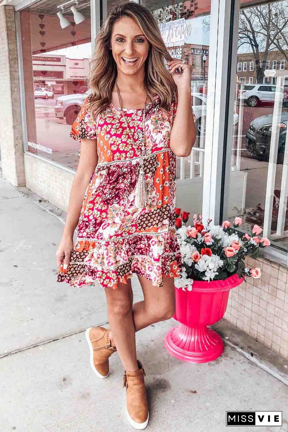 Multicolor Vintage Boho Print Short Sleeve Shift Dress