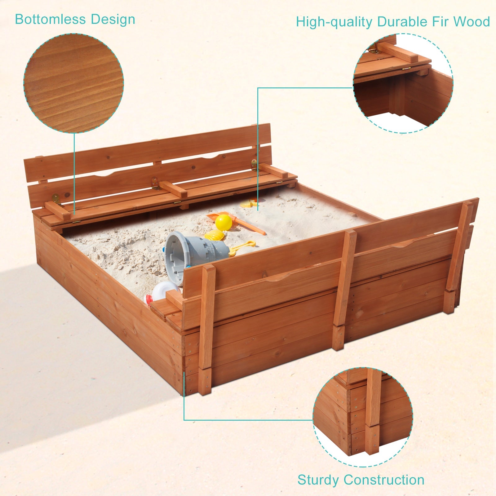 JOYMOR 47x47inch Kids Large Wooden Sandbox with Bench Seats, Children Outdoor Playset, Outdoor Cedar Sandbox with Bottom Liner, Convertible Square Sandbox for Backyard, Home, Lawn