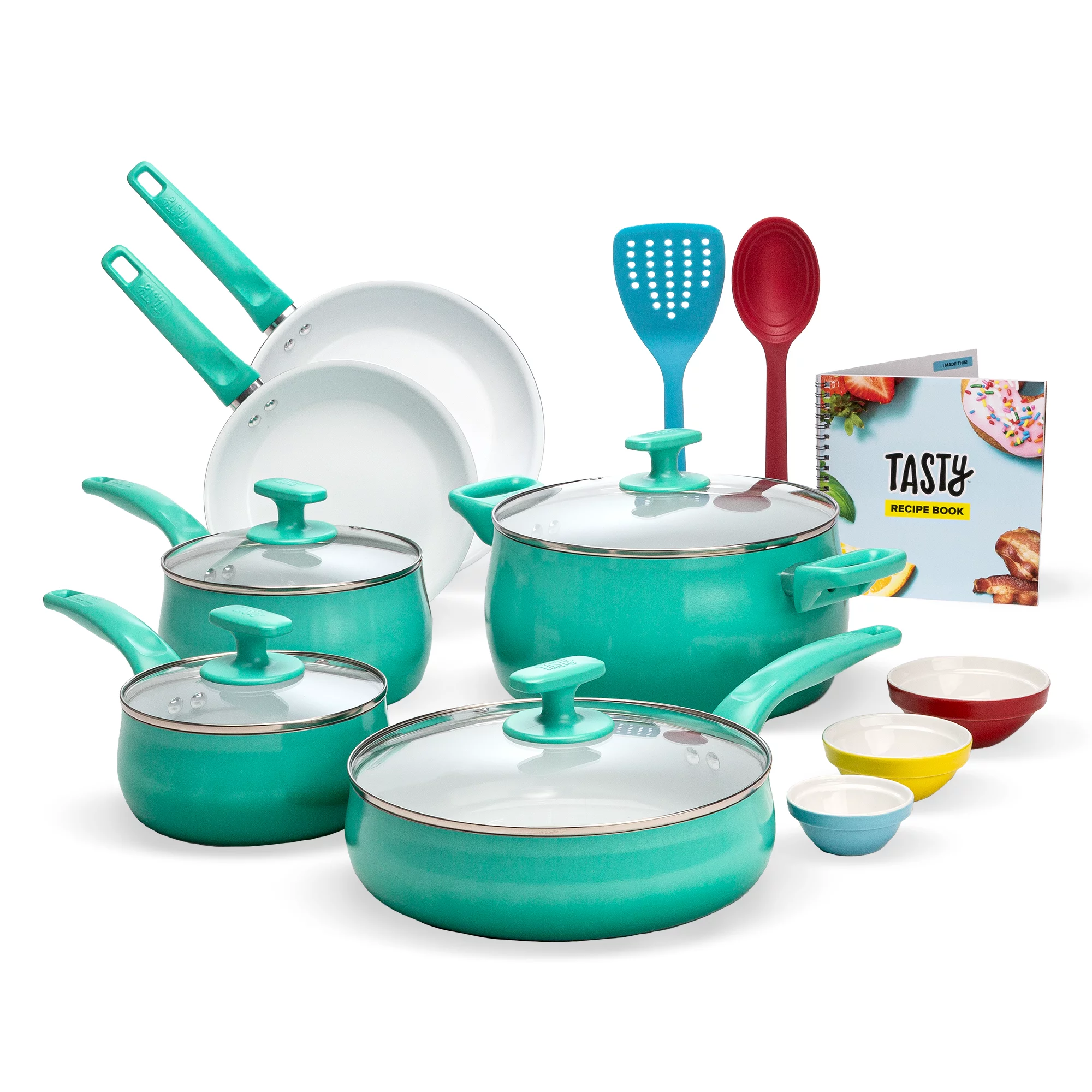 Tasty Ceramic Titanium-Reinforced Cookware Set， Ombre Green， 16 Piece