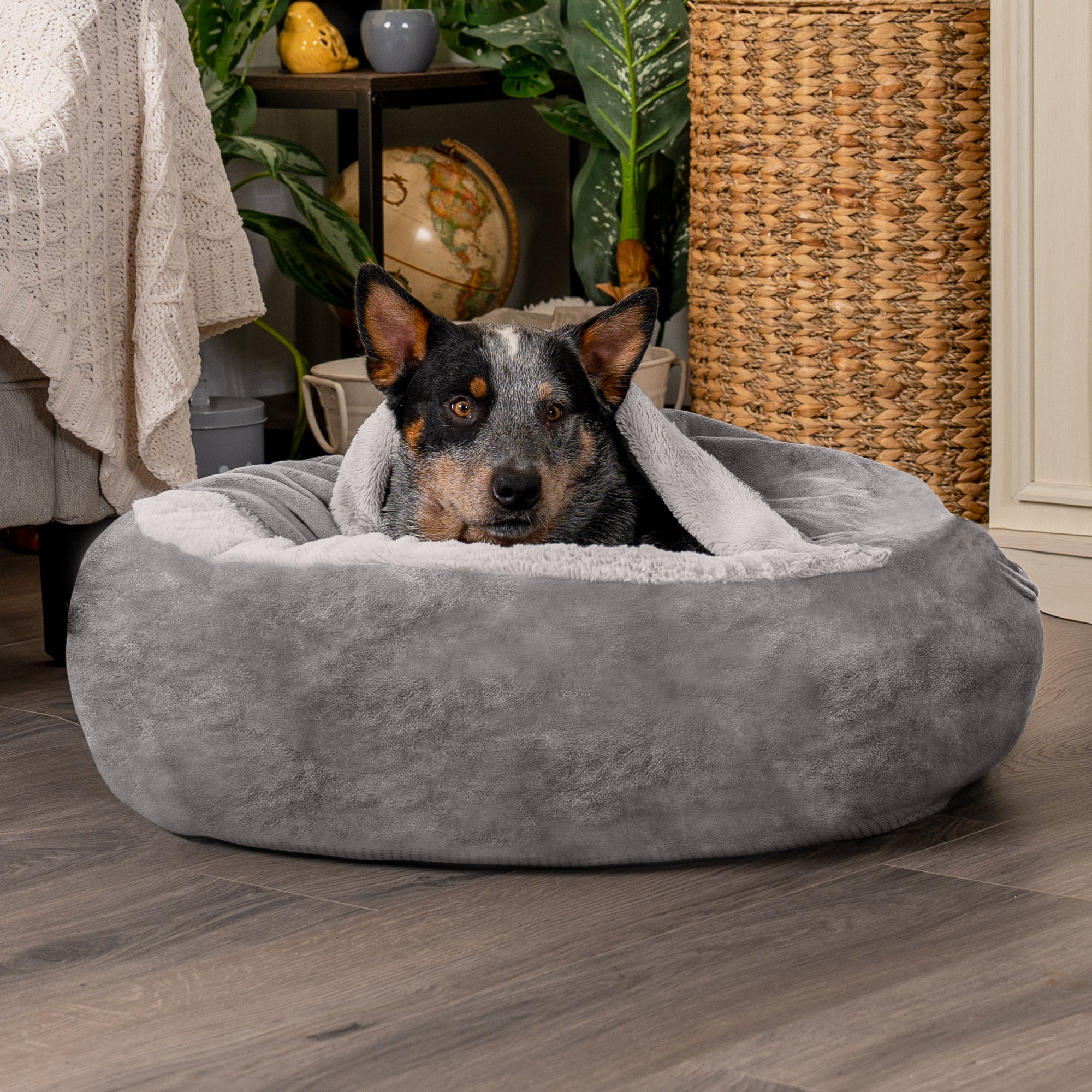 FurHaven | Wave Faux Fur & Velvet Hooded Donut Pet Bed for Dogs & Cats, Dark Gray, Medium