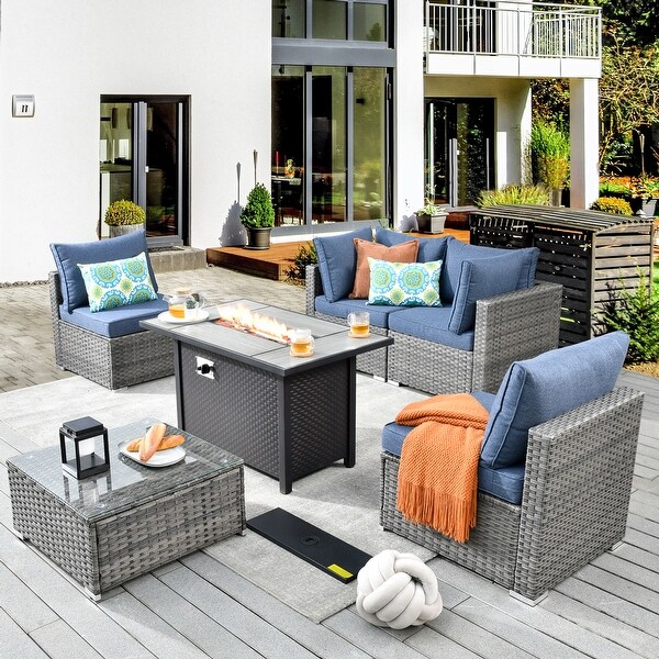 XIZZI Patio Furniture Set 6 Pieces Outdoor Sectional Rattan Sofa with Firepit