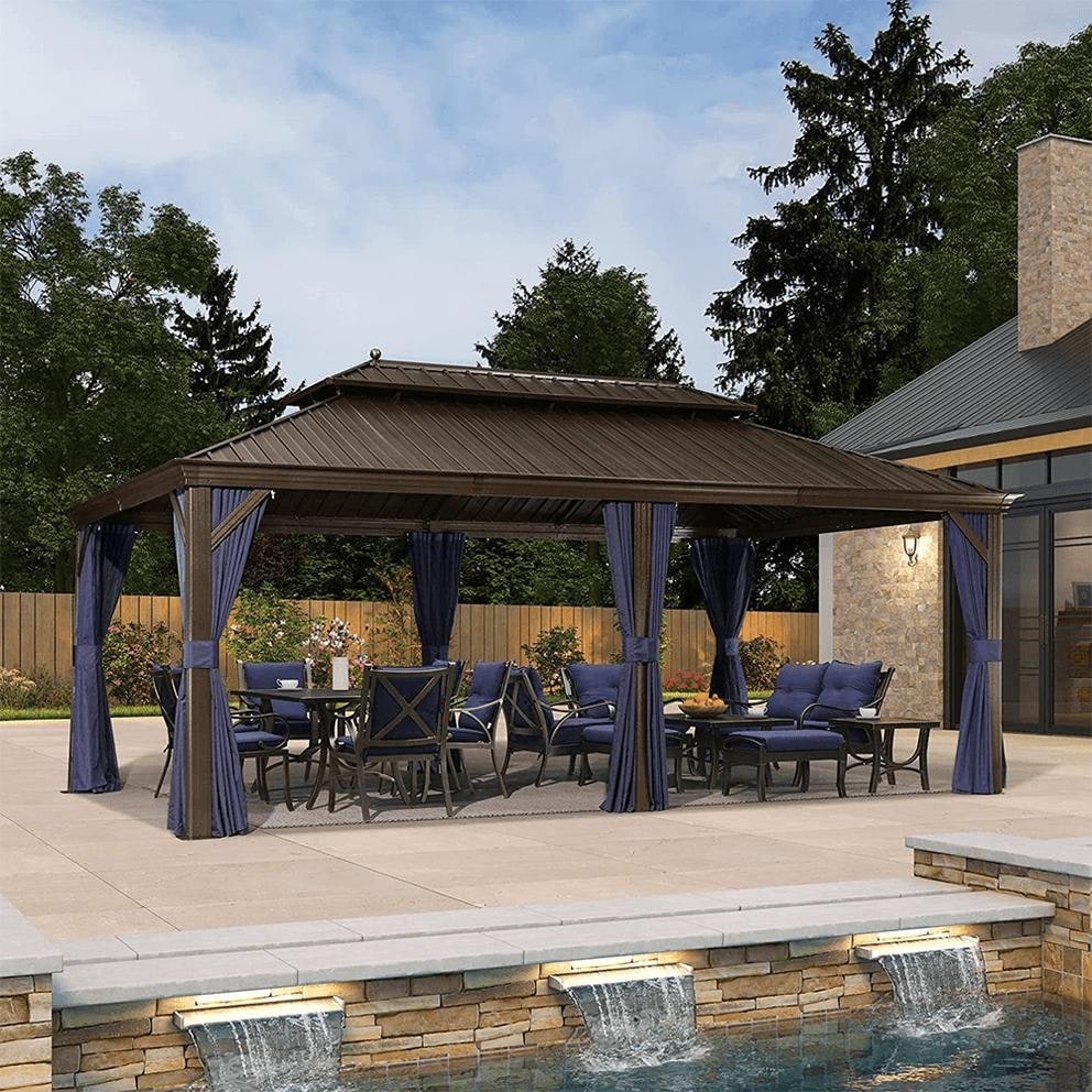 PURPLE LEAF Hardtop Aluminum Gazebo with Curtains and Netting  Double Roof Patio Gazebo