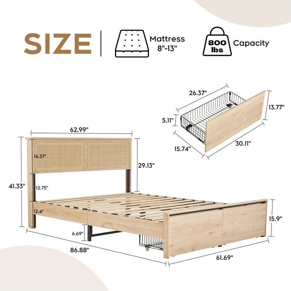 Boho Natural Rattan Queen Bed with Storage Drawers