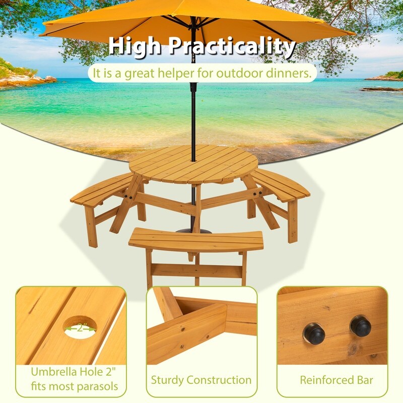 Outdoor Patio Wooden Round Picnic Table w/ 3 Built in Benches