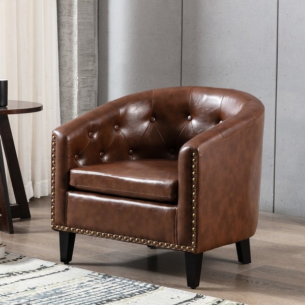 Comfortable Modern Design PU Leather Leisure Barrel Chair with Wood Legs and Nailheads