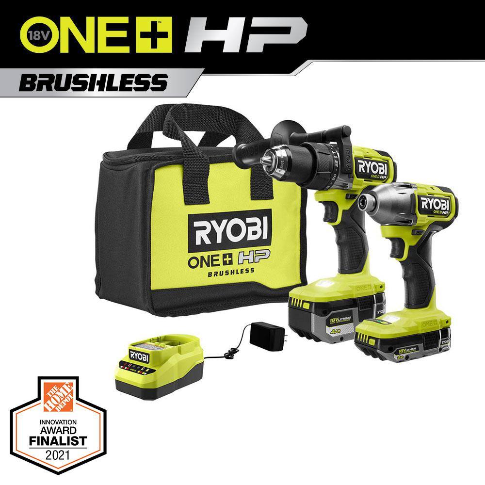 RYOBI ONE+ HP 18V Brushless Cordless 12 in. Hammer Drill and 14 in 4-Mode Impact Driver Kit w (2) Batteries Charger  Bag PBLCK02K