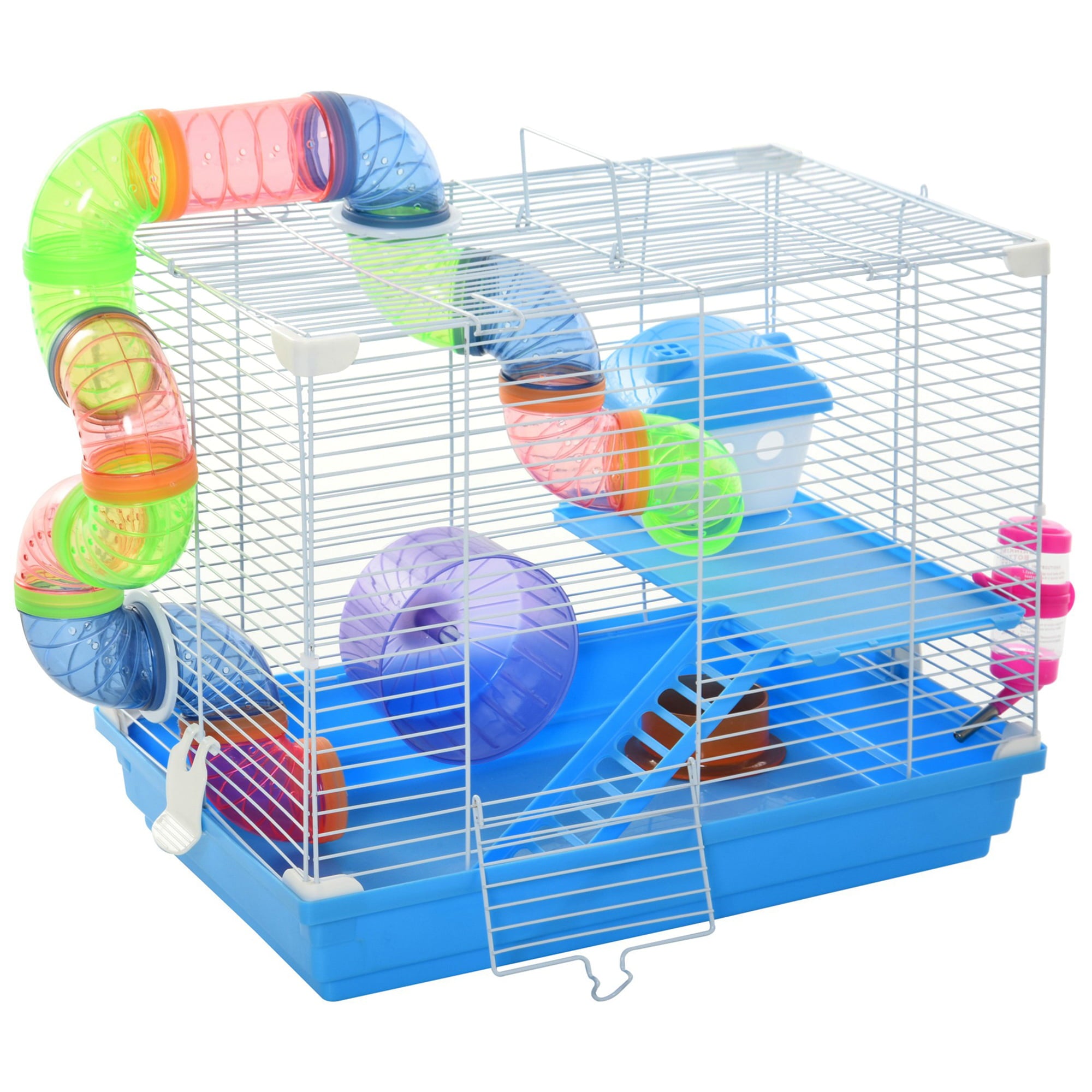 Pawhut 2-Level Hamster Cage Gerbil House Habitat Kit Small Animal Travel Carrier with Exercise Wheel， Play Tubes， Water Bottle， Food Dishes， and Interior Ladder