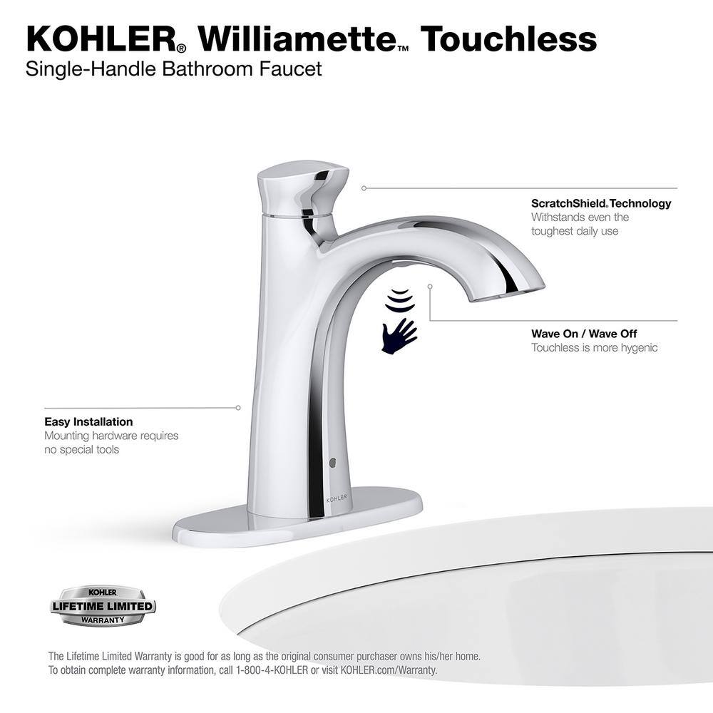 KOHLER Willamette Battery Powered Touchless Single Hole Bathroom Faucet in Polished Chrome K-R32929-4D-CP