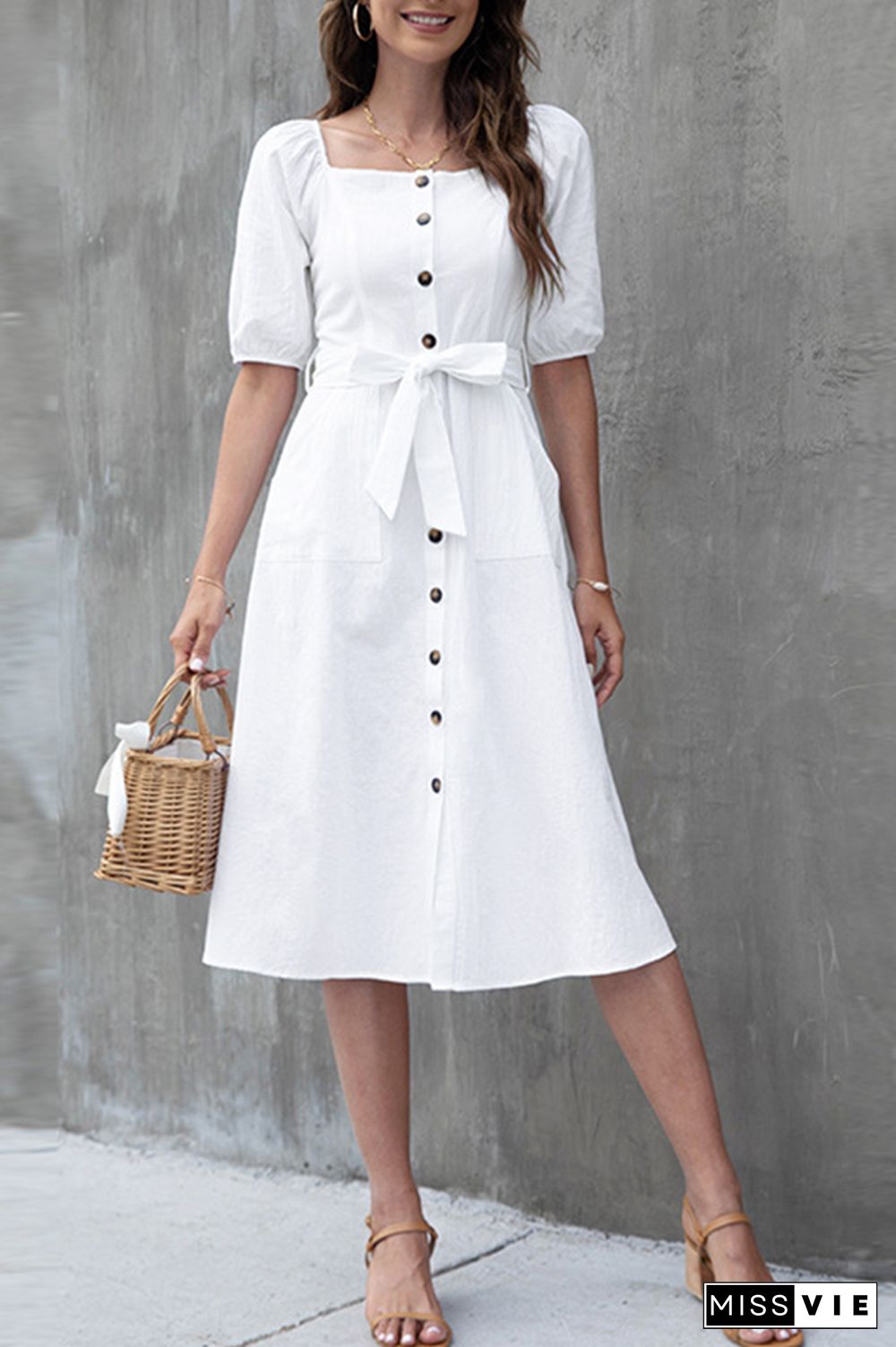 Lantern Sleeve High Waist Buttoned Midi Dress Wholesale