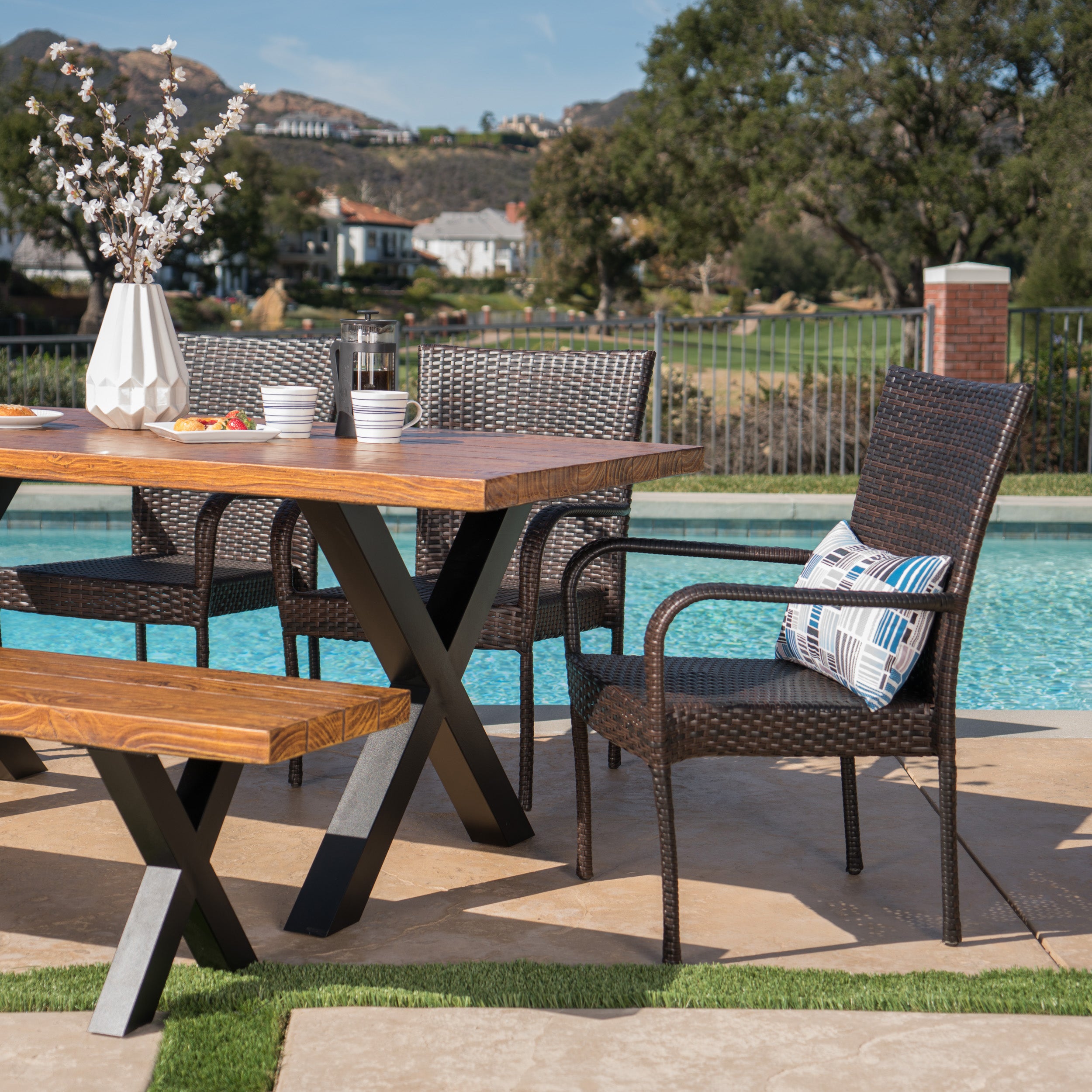 Amaryllis Outdoor 6 Piece Wicker Dining Set with Concrete Table and Bench