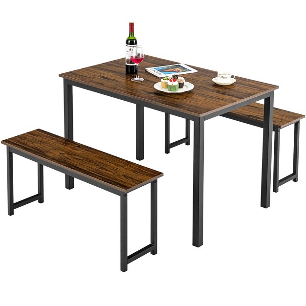 Tangkula 3pcs Dining Table Set For 4 Modern Industrial Counter Height Kitchen Table Set With 2 Benches For Dining Room Natural brown