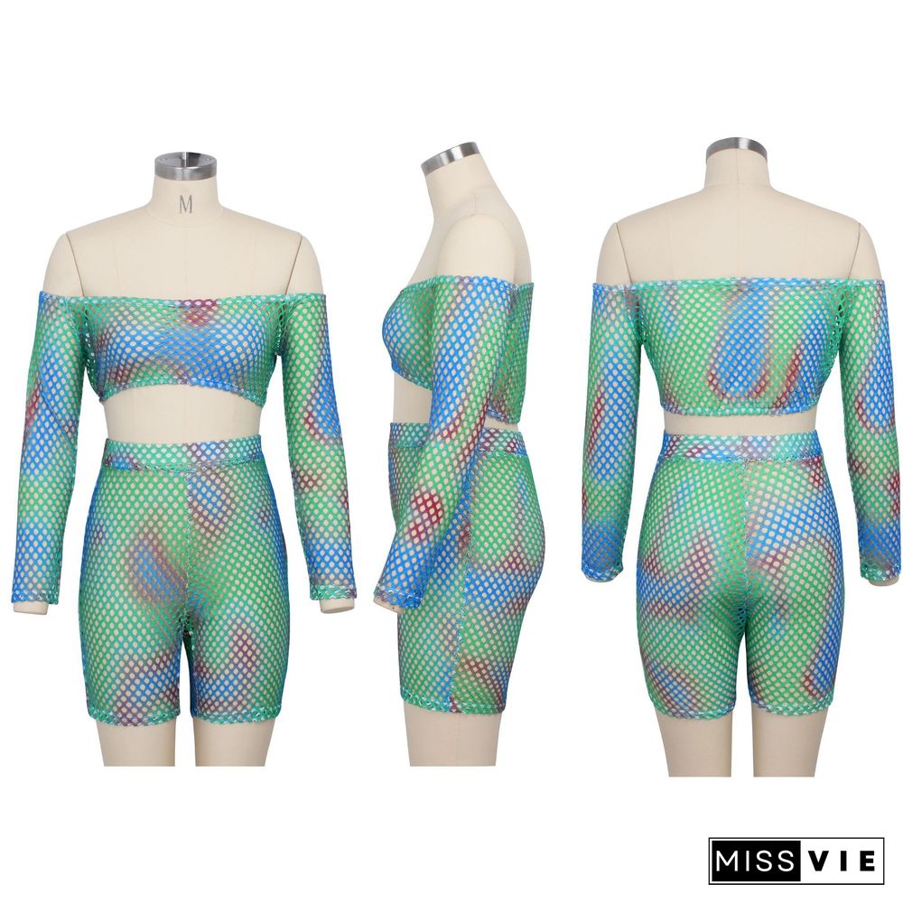 Sexy Colorful Tie Dye Print Fishing Net Off Shoulder Long Sleeve Crop Top Bodycon Shorts Two Piece Set