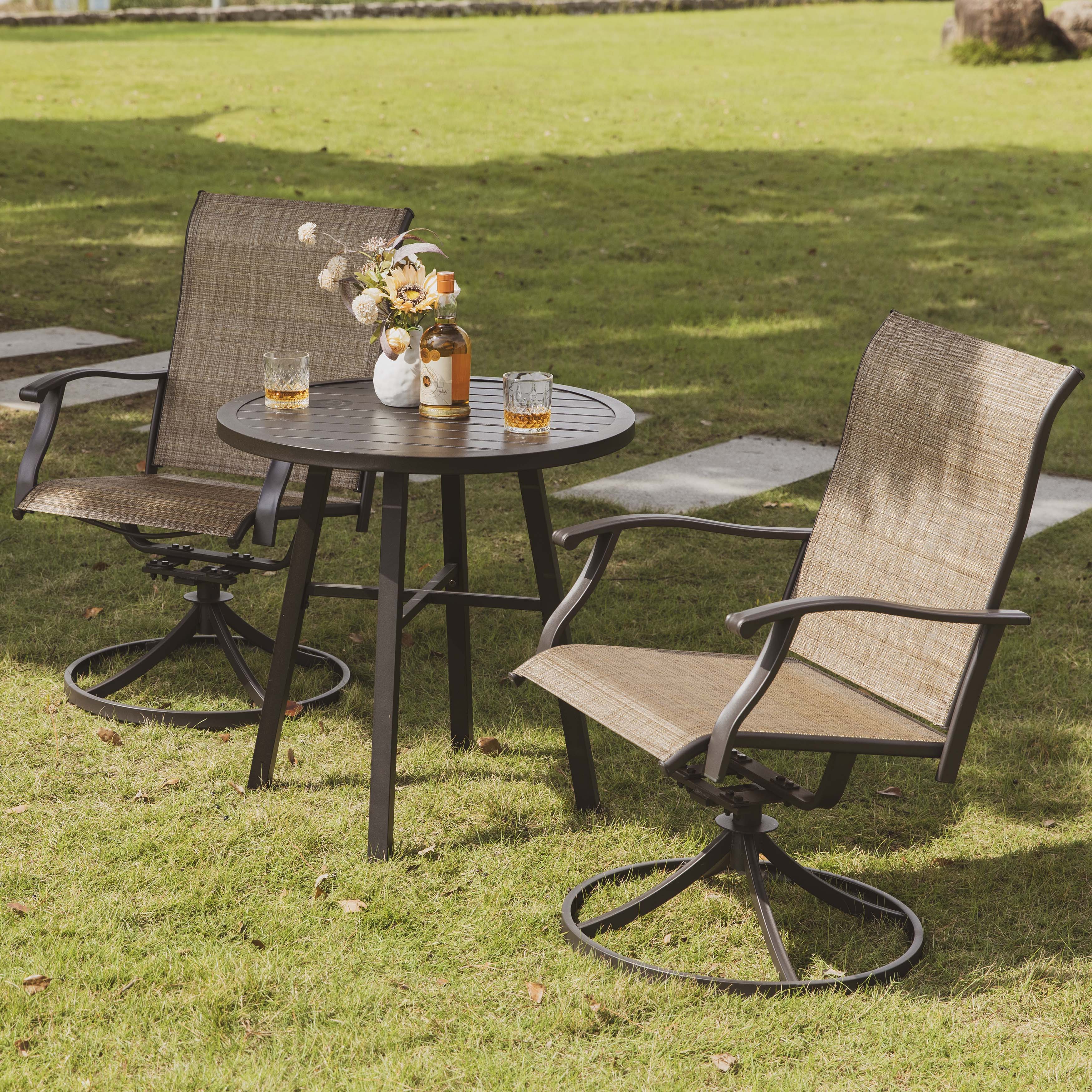 Nuu Garden 3 Piece Patio Bistro Set, Textilene Swivel Patio Chairs and Iron Table All-Weather Outdoor Furniture Set for Lawn, Backyard, Balcony, Black and Brown