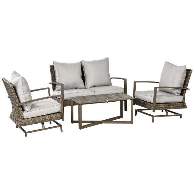 Outsunny Patio Furniture Set 4 Piece Outdoor Rattan Conversation Set With 2 Rocking Chairs Cushions Loveseat Sofa amp Coffee Table