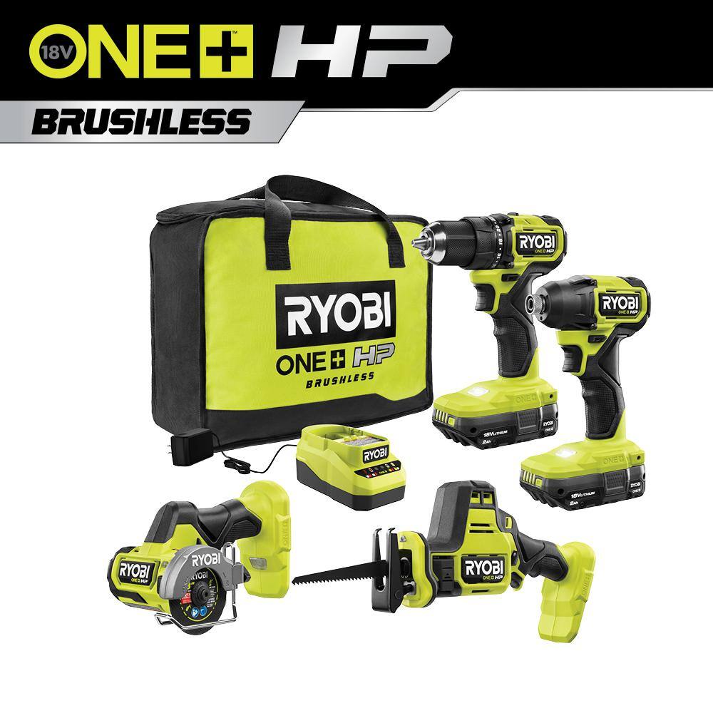 RYOBI ONE+ HP 18V Brushless Cordless Compact 4-Tool Combo Kit with (2) 2.0 Ah Batteries Charger and Bag PSBCK104K2