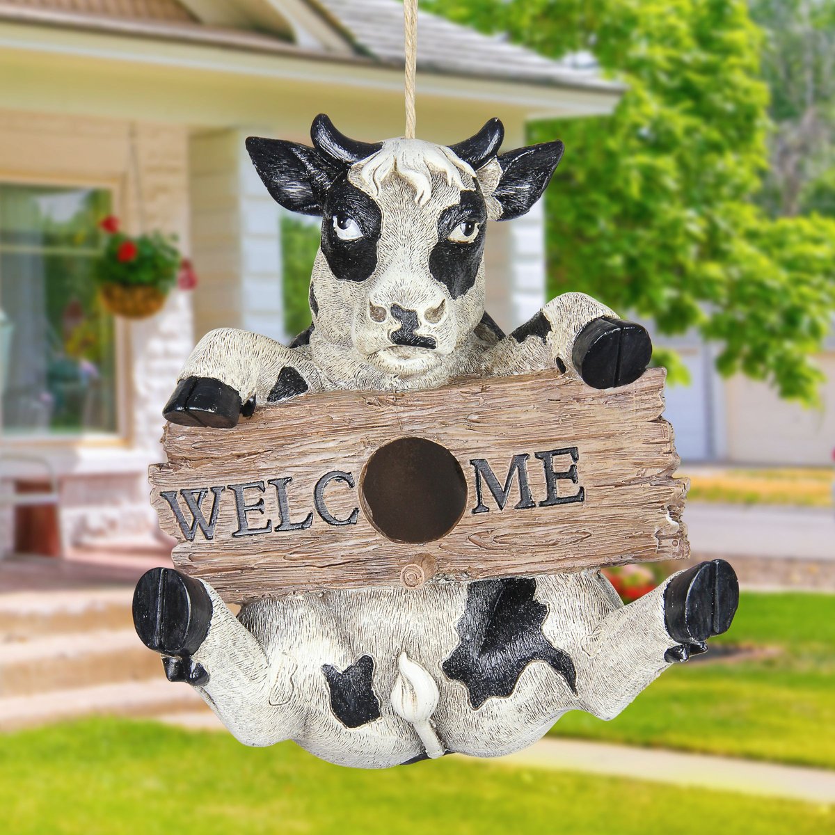 Exhart Hand Painted Cow with Welcome Sign Hanging Resin Bird House